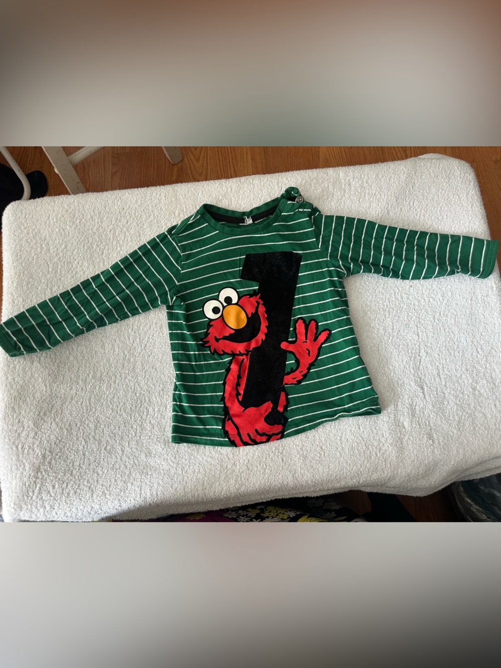 H&M Green Striped Long-Sleeve Tee with Red Elmo Graphic